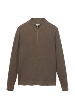 Suéter marrón con canalé, cuello alto y cremallera corta. Manga larga y corte recto en el bajo. Textura suave, diseño minimalista.