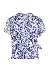 Blauw-witte bloemen wikkeltop met korte mouwen, gemaakt van lichtgewicht stof. Heeft een strikdetail in de taille en een ingewikkeld bloemenpatroon.