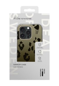 iPhone case with a leopard print design in green and black, made from recycled materials, featuring protective edges and textured surface.