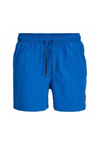 Blauwe zwemshorts van lichte stof, met een elastische tailleband en een trekkoord en zijzakken. Soepele textuur.