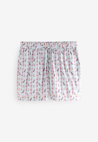 Pantaloni scurți cu dungi albastre deschise, imprimeuri cu pisici roșii și portocalii și flori, talie elastică și șnur legat în față.