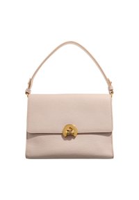 Sac à main en cuir rose clair avec une finition texturée, fermeture à pression magnétique et accents dorés. Comprend une bandoulière unique.
