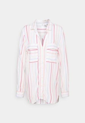 Weißes Hemd mit langen Ärmeln und Knöpfen, mit vertikalen Streifen in Rot, Rosa und Blau, zwei Brusttaschen und einem Kragen.