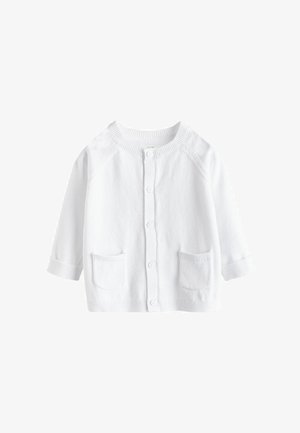 White cardigan made of soft knit material. Features ribbed collar, cuffs, and two front pockets. Button closure down the center.