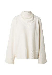 Crème gebreide turtleneck trui met een relaxte pasvorm, geribde manchetten en zoom, met een zachte, gestructureerde stof en een gedrapeerd kraagontwerp.
