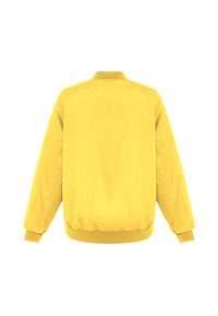 Giacca a bomber gialla con colletto a coste, polsini e orlo elastici. Realizzata in tessuto morbido, presenta un design semplice e senza chiusure visibili.
