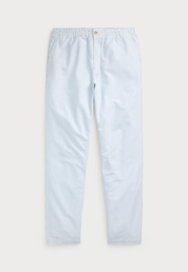 Világoskék csíkos pamutnadrág rugalmas derekú és aranygombos kivitelben. Az anyag sima, függőleges csíkokkal, amelyek extra textúrát adnak.