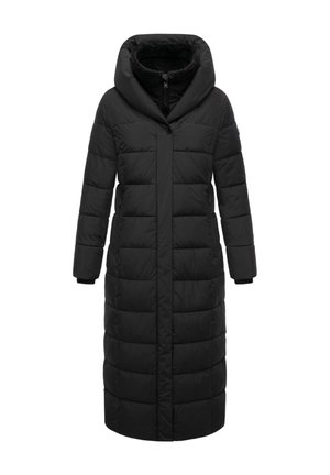 Lang svart puffjakke med hette, med en quiltemønsterdesign, glidelåslommer og et mykt innvendig fôr for varme.