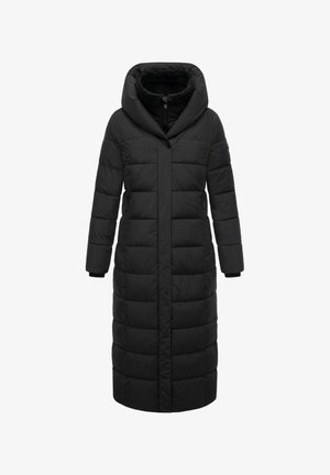 Black long puffer coat with a hood, featuring a quilted design, zippered pockets, and a soft inner lining for warmth.