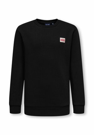 Sort langærmet sweatshirt med rund hals og et lille rektangulært rødt og hvidt logo på venstre bryst med teksten "Only & Sons."