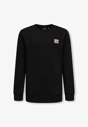 Czarna bluza z długim rękawem z okrągłym dekoltem i małą prostokątną naszywką z czerwono-białym logo na lewej piersi z napisem "Only & Sons."