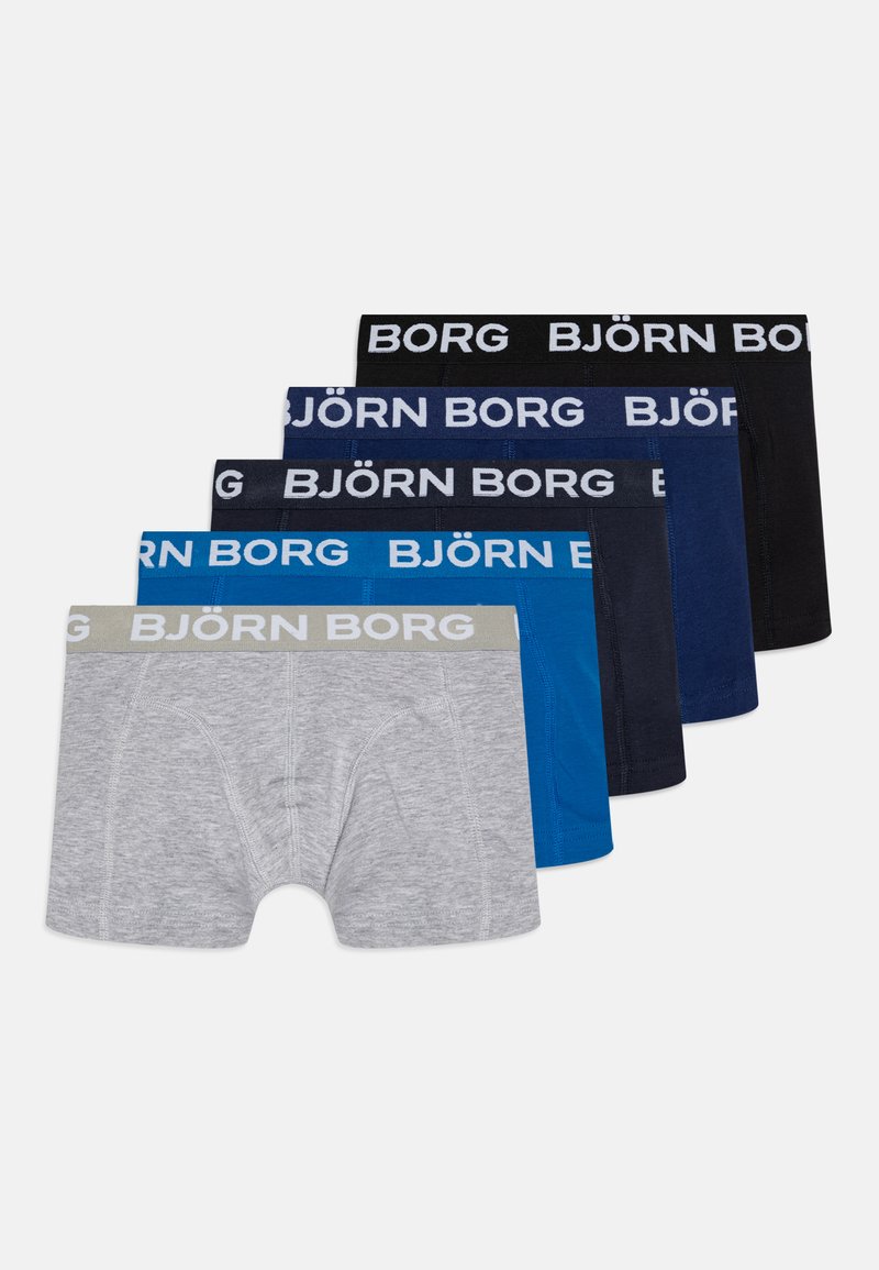 Öt pár boxer alsónadrág szürke, világoskék, tengerészkék, sötétkék és fekete színben. Mindegyik elasztikus derékpánttal rendelkezik, amelyen a "BJÖRN BORG" felirat olvasható.