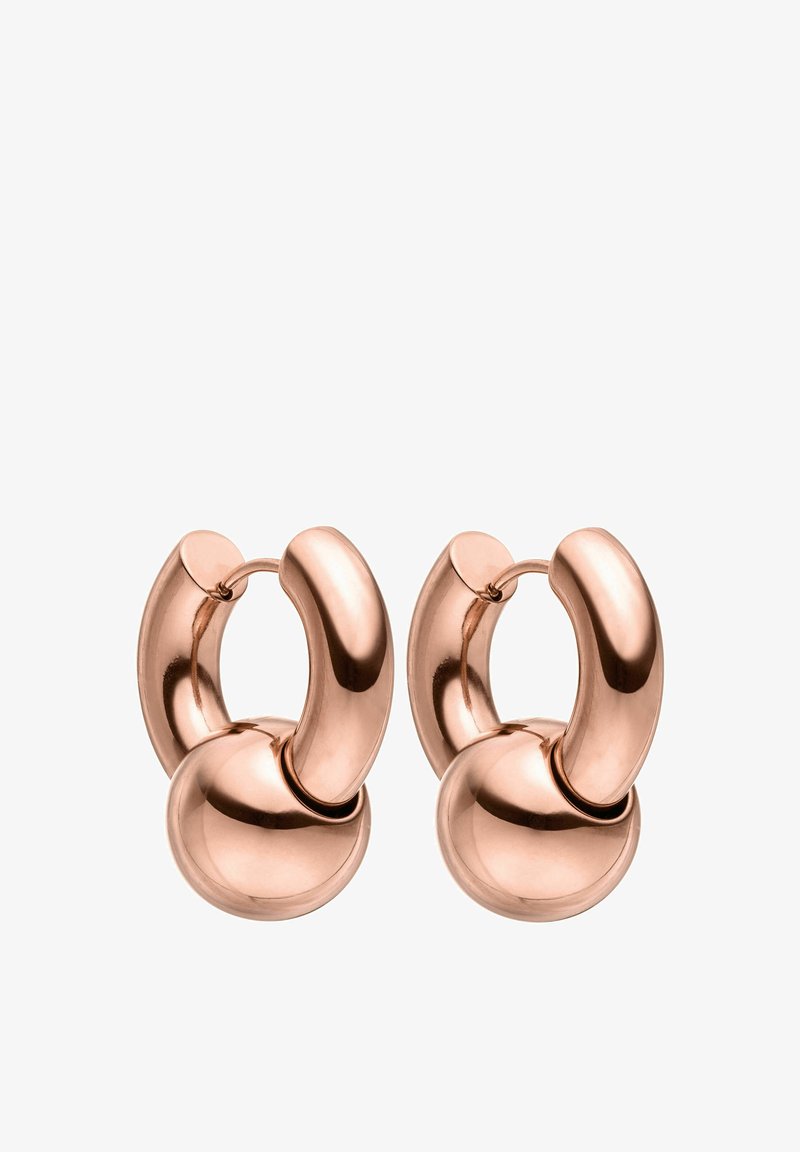 Ohrringe aus roségold, die ein rundes Design mit glatten, reflektierenden Oberflächen und einem zentralen, sphärischen Akzent aufweisen.