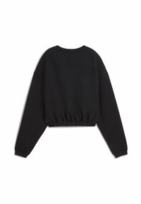 Sort langærmet cropped sweatshirt med elastisk talje og rund halsudskæring, vist fra bagsiden på en hvid baggrund.