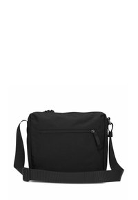 Bolso mensajero negro hecho de tela resistente, con un compartimento principal con cremallera, una correa ajustable y un bolsillo frontal con cremallera.