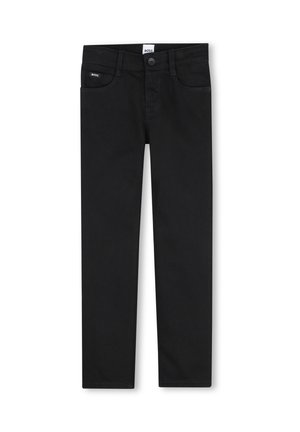 Pantalon noir slim-fit avec bouton à l'avant et passants pour ceinture, doté de deux poches avant et d'une petite étiquette de marque sur la poche droite.