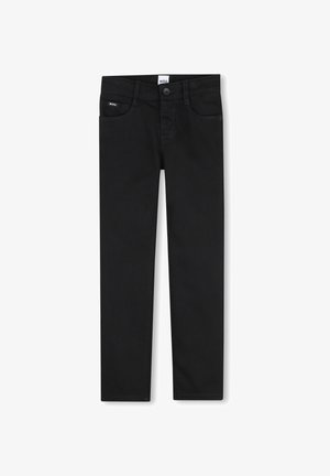 Zwarte slim-fit broek met knoop aan de voorkant en riemlussen, met twee voorzakken en een klein merkembleem op de rechterzak.