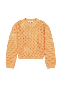 Pull en tricot orange avec un motif en maille ouverte, col rond et manches longues. L'ourlet et les poignets côtelés ajoutent de la structure.