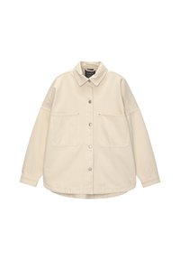 Beige, oversized jas van katoen, met een knoopjessluiting aan de voorkant, een puntige kraag en twee grote borstzakken. Heeft een gladde textuur.