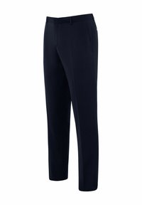 Marineblauwe broek met een maatwerkontwerp, vervaardigd uit een gladde stof, met een platte voorkant en zijzakken. Minimalistische stijl zonder zichtbare hardware.