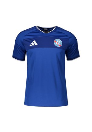 Blå fodboldtrøje med korte ærmer med hvidt Adidas-logo på højre bryst og Racing Club Strasbourg Alsace-emblem på venstre bryst.