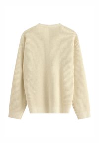Beżowy sweter dzianinowy z prążkowaną teksturą, długimi rękawami i okrągłym dekoltem. Widok z tyłu podkreśla swobodne dopasowanie i prosty design.