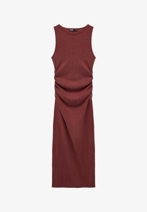 Ärmelloses, knielanges Kleid mit strukturierter Oberfläche in tiefem Weinrot, mit geraffter Raffung an der Taille und rundem Ausschnitt.