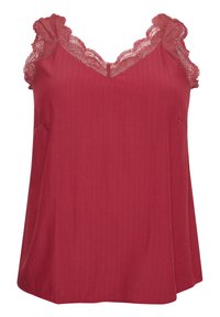 Rød ribbet tank top med blondekant langs halsudskæringen og skulderstropperne. Blødt stof med en flaret silhuet og uden synlige lukninger.
