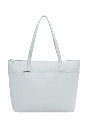 Sac fourre-tout rectangulaire gris clair avec deux bretelles d'épaule, poche avant zippée et fermeture éclair supérieure, fabriqué en matériau texturé.