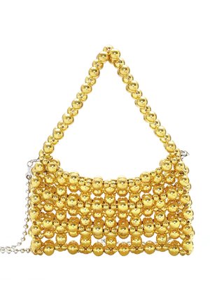 Borsa a mano con perle dorate, manico triangolare e tracolla a catena. Presenta un design strutturato con perle spherical lucide e opache.