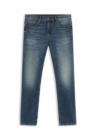 Jeans in denim blu con taglio dritto, caratterizzati da aree sbiadite, design classico a cinque tasche e un sottile etichetta del marchio sulla cintura.