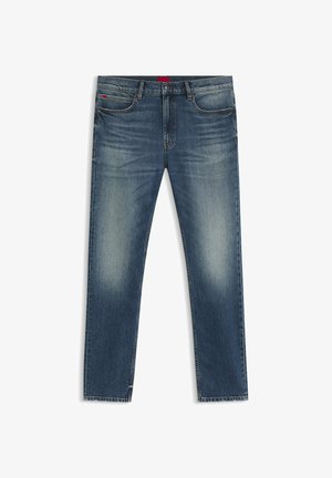 Blue denim jeans with a straight cut, featuring faded areas, classic five-pocket design, and a subtle brand tag on the waistband.