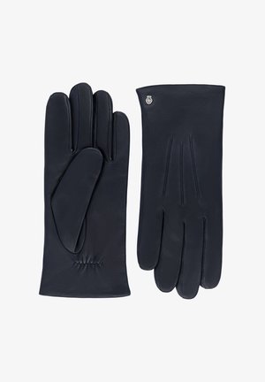 Navy leather gloves with a smooth texture, featuring a gathered design at the wrist and subtle stitched detailing. A small logo is on the back.
