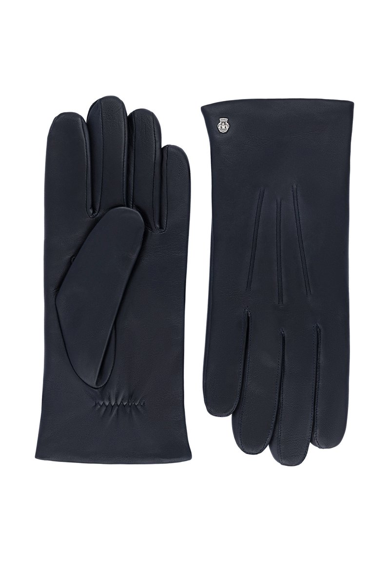 Marineblaue Lederhandschuhe mit glatter Textur, ausgestattet mit einem gerafften Design am Handgelenk und subtilen gestickten Details. Ein kleines Logo befindet sich auf der Rückseite.