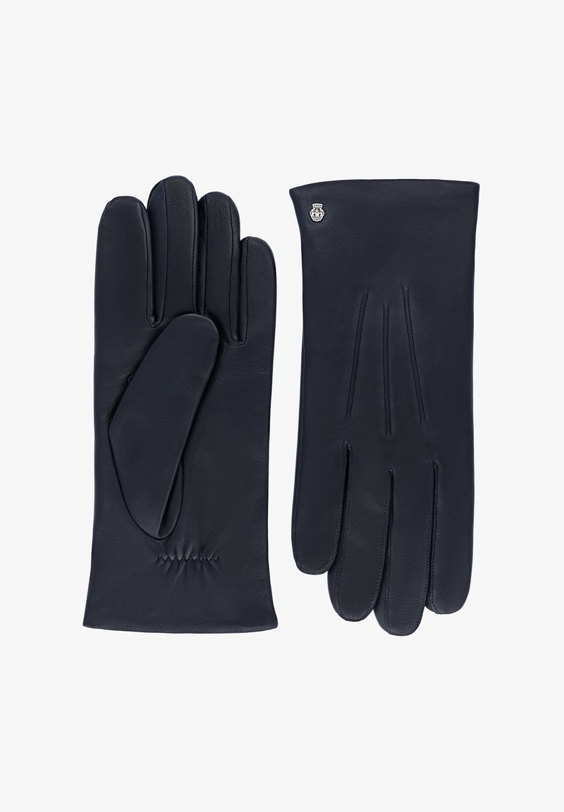 Marineblaue Lederhandschuhe mit glatter Textur, ausgestattet mit einem gerafften Design am Handgelenk und subtilen gestickten Details. Ein kleines Logo befindet sich auf der Rückseite.