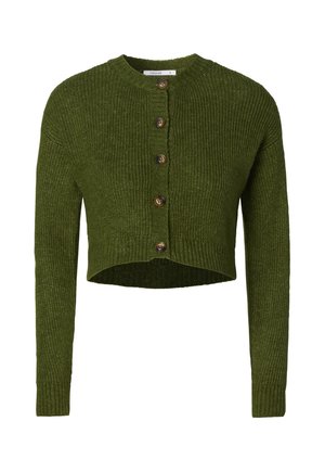 Groen gebreid cropped vestje met ronde hals en vijf bruine knopen aan de voorkant.