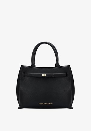 Sac à main en cuir noir avec double poignée, bande avant avec fermoir doré et logo "Victoria Hyde London" en lettres dorées.