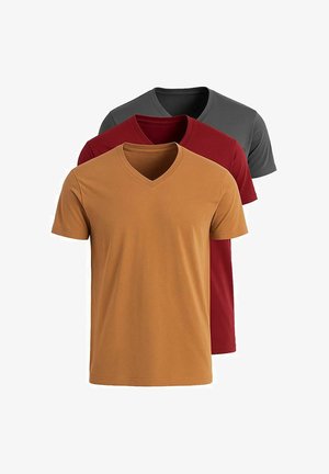 Brun, kortærmet V-hals t-shirt lavet af bomuld, med en slim fit og glat tekstur, stylet med lyse bukser.