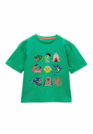Green short-sleeve shirt with colorful embroidered sea creatures including a crocodile, jellyfish, shark mouth, crab, pufferfish, marlin, anglerfish, walrus, and octopus.