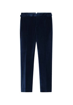 Pantaloni in velluto a coste blu navy con vita piatta, passanti per cintura e vestibilità su misura. Tessuto testurizzato con righe verticali, senza ulteriori decorazioni.