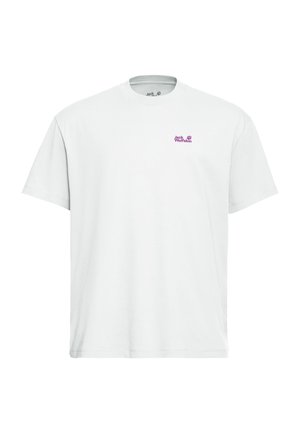 Wit katoenen T-shirt met korte mouwen, ronde hals en een klein paarse "Jack Wolfskin"-logo op de linkerborst.