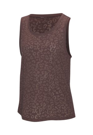 Brown sleeveless tank top featuring a leopard print pattern, made from lightweight material with a rounded neck and a relaxed fit.