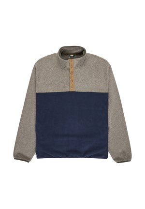 Fleece-Pullover, graues Oberteil mit marineblauem Unterteil. Stehkragen, sandfarbener Knopfleiste. Sanfte Textur, lange Ärmel. Subtiles Logo auf der Brust.