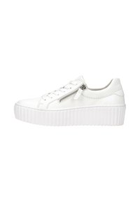 Weiße Sneakers mit glattem Lederfinish, ausgestattet mit einer Schnürung vorne, einem seitlichen Reißverschluss und einer dicken, gerippten Plateausohle.
