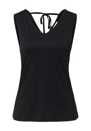 Schwarzes ärmelloses Oberteil mit V-Ausschnitt und Neckholder-Detail. Aus weichem Stoff gefertigt, bietet es eine lockere Passform und eine glatte Textur.