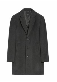 Ciemnoszara wełniana kurtka z klapami typu notch, zapięcie na trzy guziki, dwa przednie kieszenie i subtelne wykończenie teksturowane. Dopasowany krój z guziczkami przy mankietach.