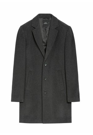 Ciemnoszara wełniana kurtka z klapami typu notch, zapięcie na trzy guziki, dwa przednie kieszenie i subtelne wykończenie teksturowane. Dopasowany krój z guziczkami przy mankietach.