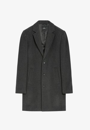 Ciemnoszara wełniana kurtka z klapami typu notch, zapięcie na trzy guziki, dwa przednie kieszenie i subtelne wykończenie teksturowane. Dopasowany krój z guziczkami przy mankietach.