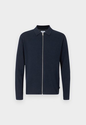 Navy zip-up jacket with a collar, made from a smooth fabric. Features long sleeves and a straight hem, minimalistic design, no patterns.