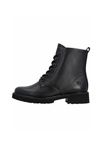 Bottines en cuir noir avec un bout arrondi, une semelle noire robuste, un laçage à six œillets et une bande à l'arrière.